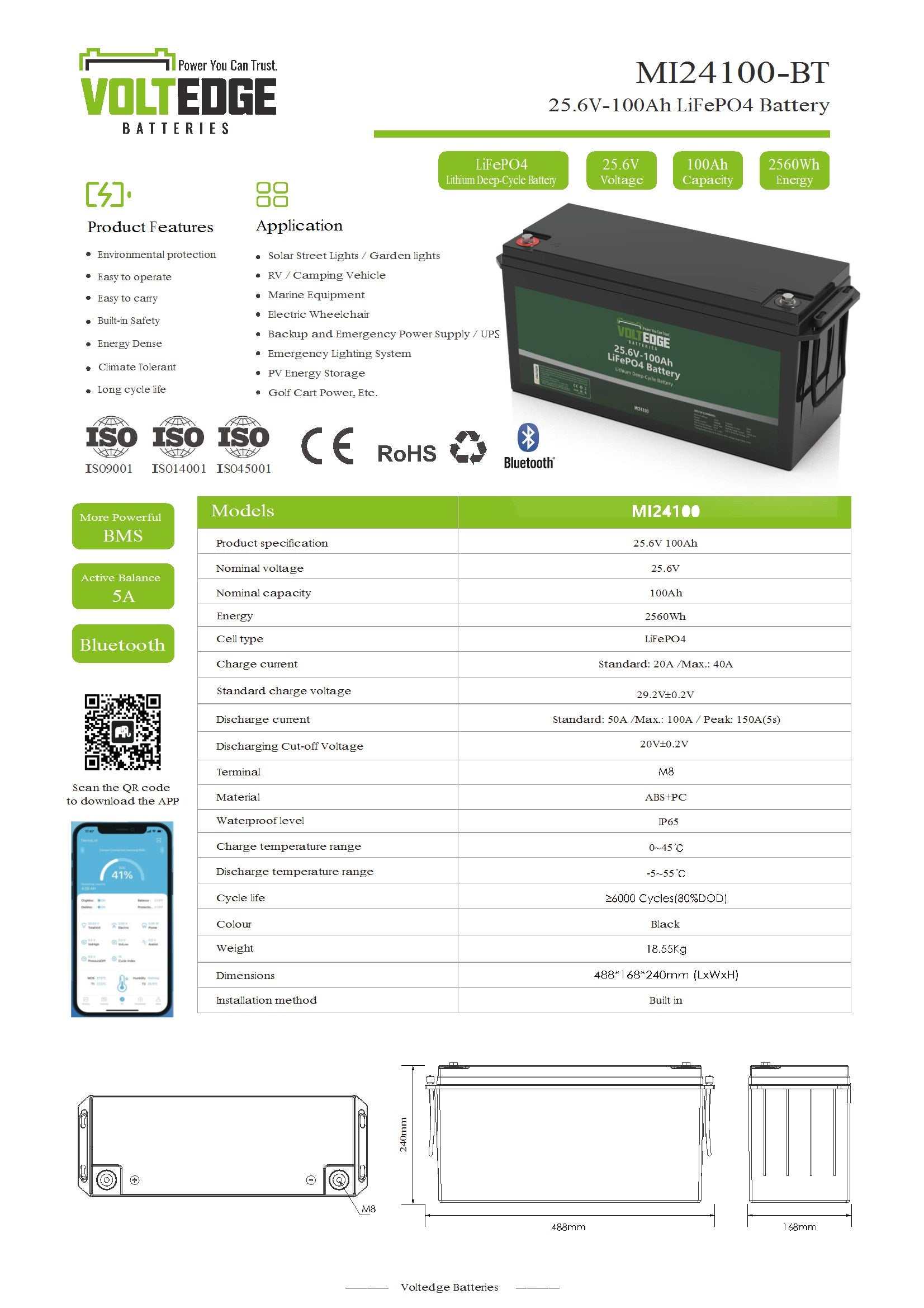 VoltEdge (Premium) 24V 100AH Lithium LiFePO4 Battery