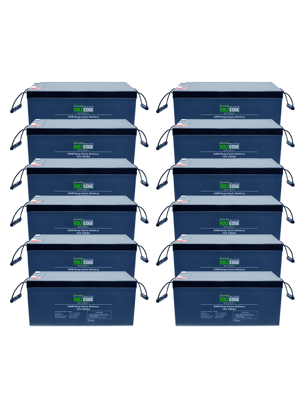 12 x 320ah AGM - 38.5kWh 48V 960AH include 5 cables (250mm) and include 8 cables (600mm)