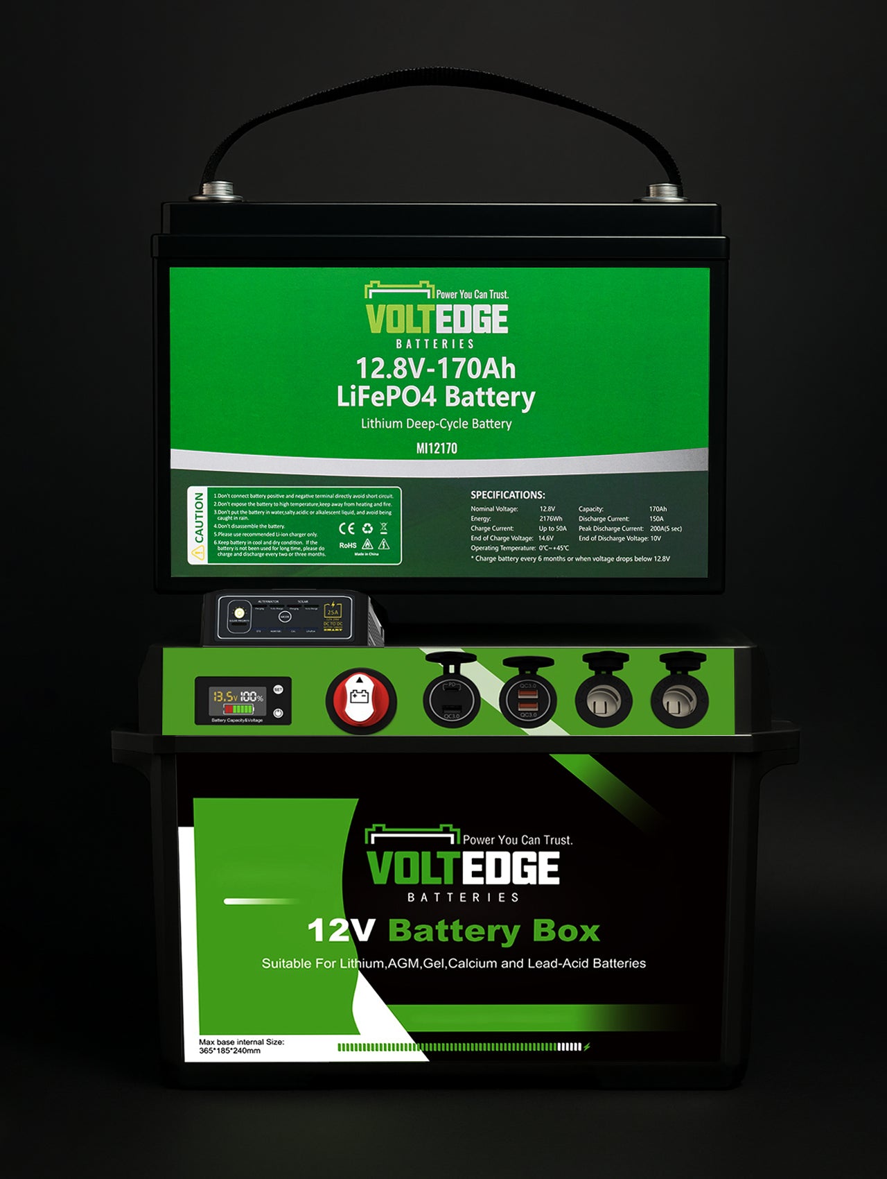 (Premium) 12.8V 170AH Lithium LiFePO4 Battery + VoltEdge DCDC/MPPT Battery Box