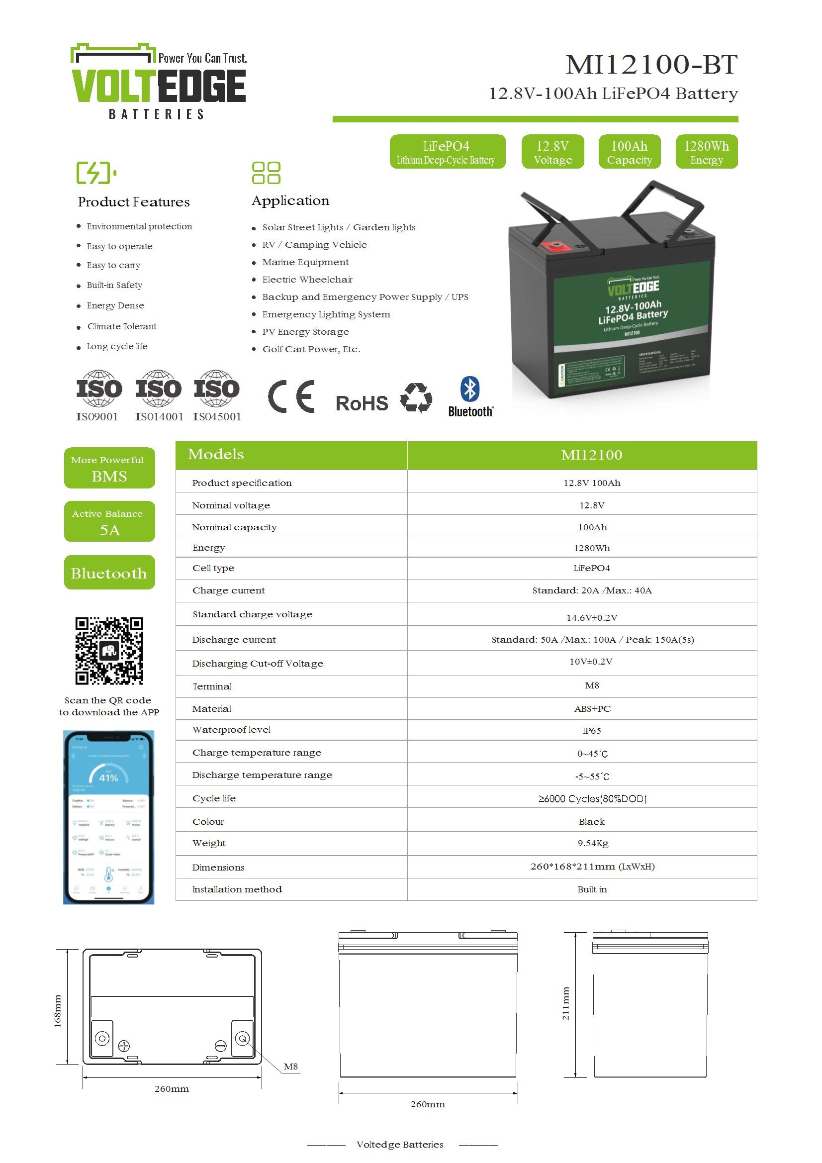 VoltEdge (Premium) 12.8V 100Ah Lithium LiFePO4 Battery