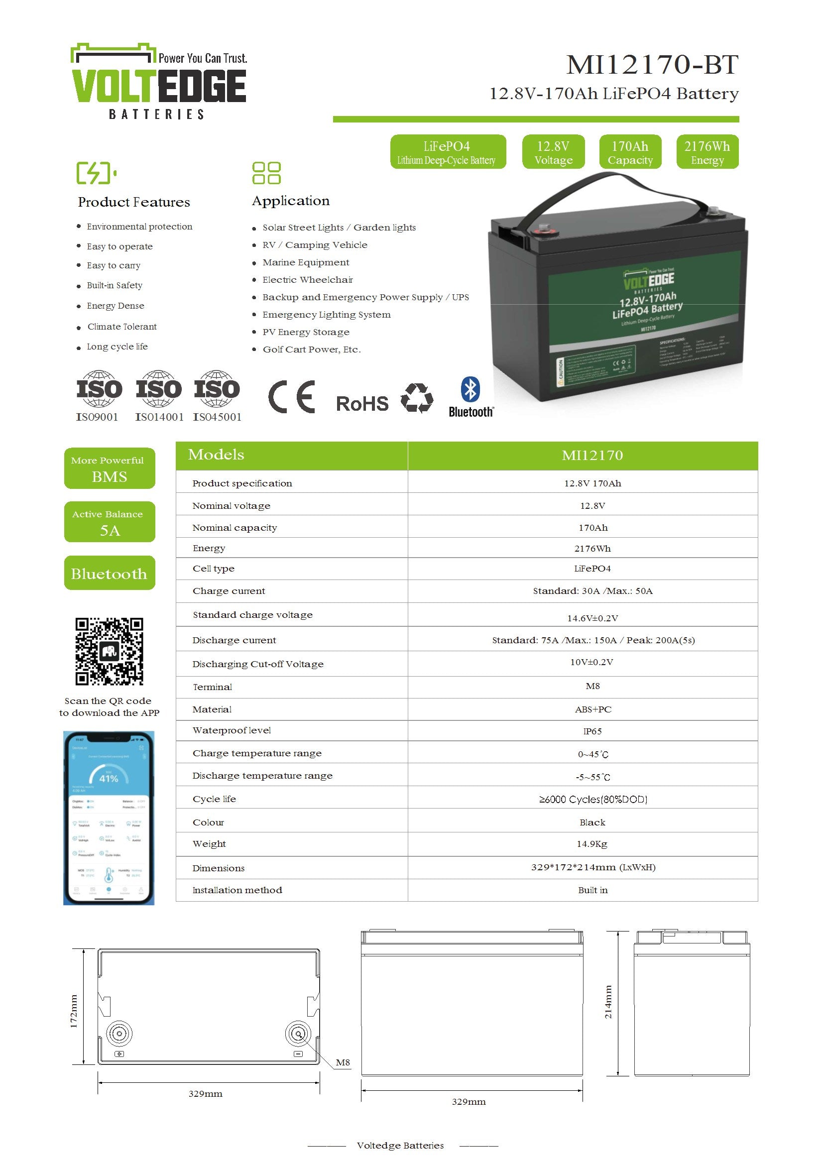 VoltEdge (Premium) 12.8V 170AH Lithium LiFePO4 Battery