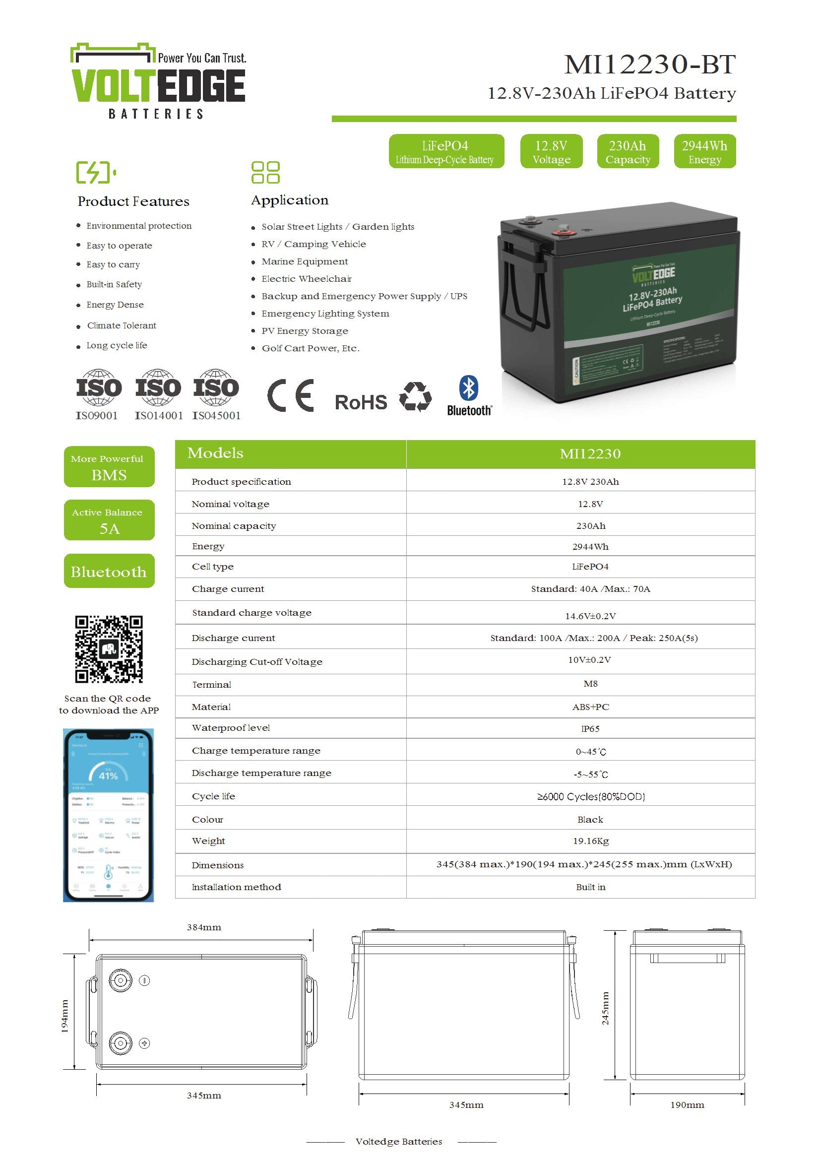 VoltEdge (Premium)  12.8V 230Ah Lithium LiFePO4 Battery