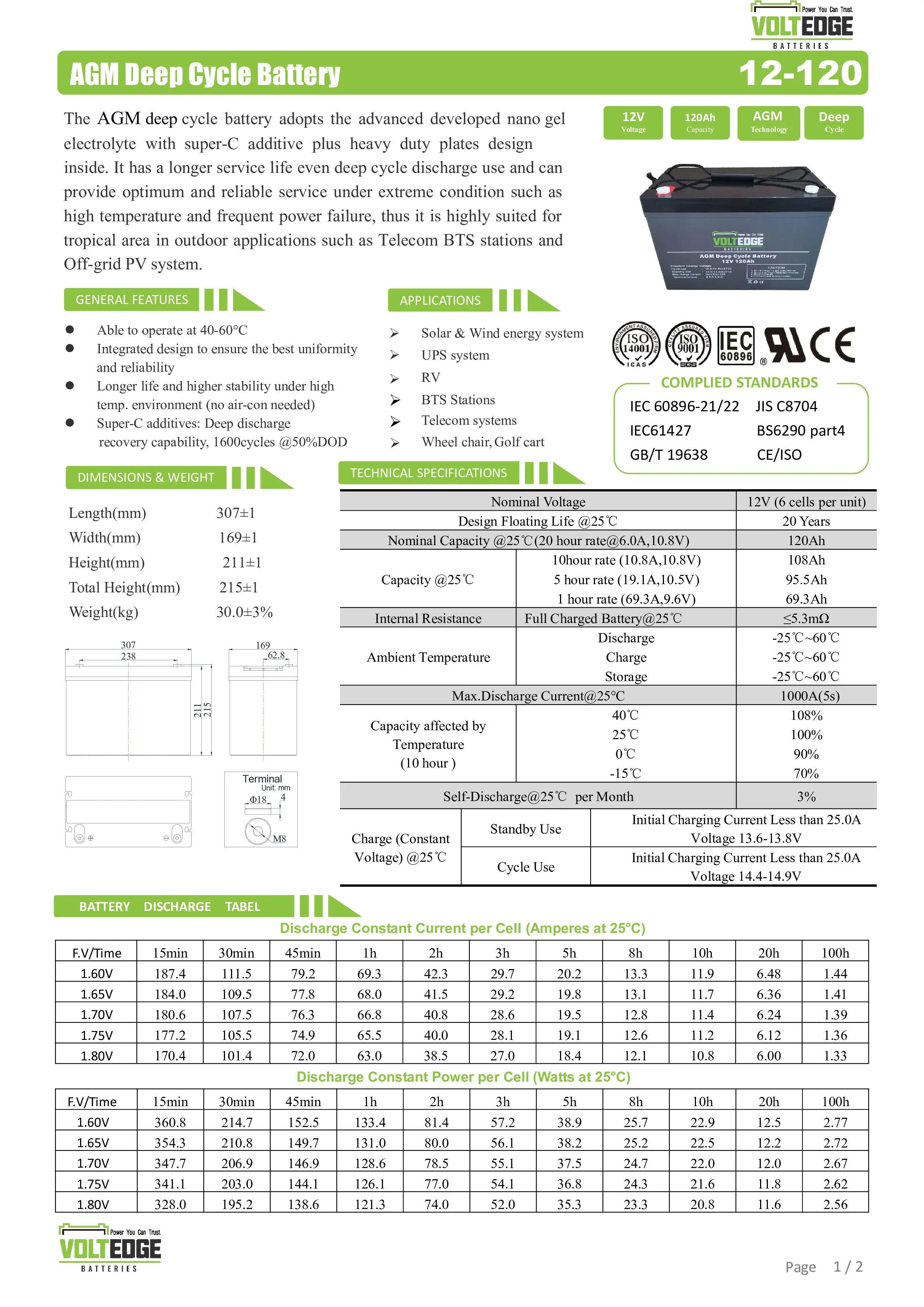 VoltEdge 12V 120Ah AGM DEEP CYCLE BATTERY