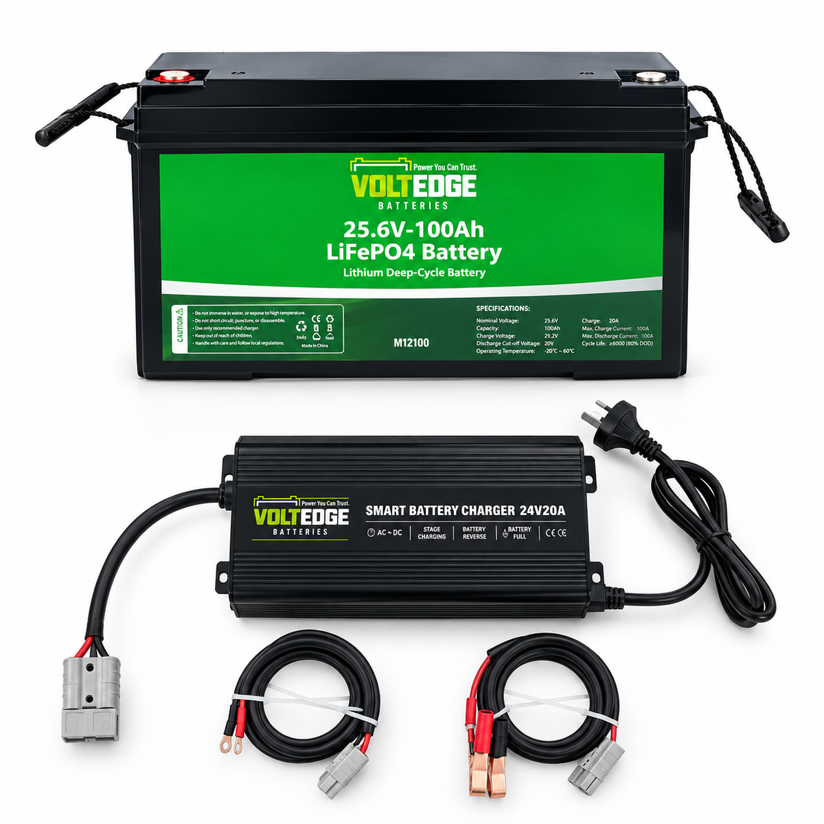 VoltEdge (Premium) 24V 100Ah Lithium LiFePO4 Battery + 24V 20A Charger